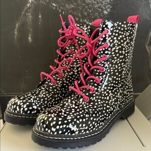 Betsey Johnson Black and White Combat Boots with Pink Laces